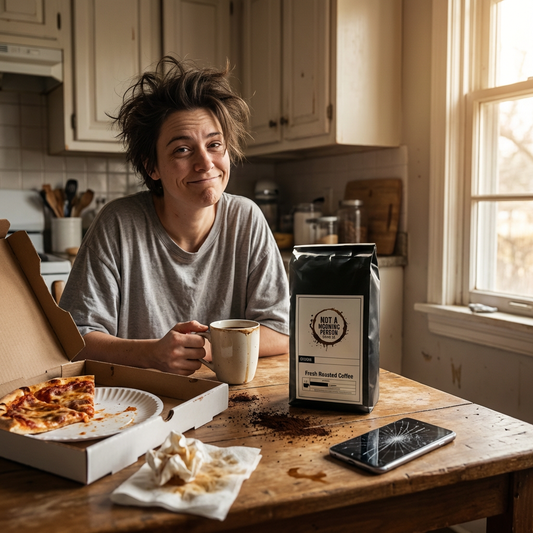 woman with a grin on her face drinking not a morning person coffee co dubai chocolate coffee with a bag of coffee on a messy table, an open box of last nights pizza and a phone with a cracked screen.