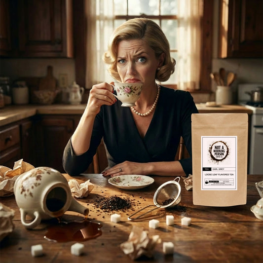 woman looking like "this is not how they do it in England" with a bag of not a morning person coffee co earl grey tea on a messy table filled with a spilled teapot, sugar cubes everywhere, a tea strainer, and crumpled up napkins.