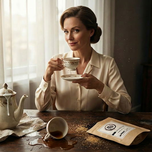 proper woman with a messy table that has a not a morning person coffee co english breakfast tea bag, spilled tea, a teapot with milk coming out the side of it, spilled sugar, and a dirty napkin.