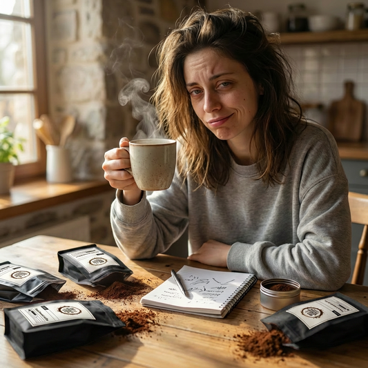 woman with four open bags of not a morning person coffee co coffees on the table.  She is just barely awake and writing in a notebook.