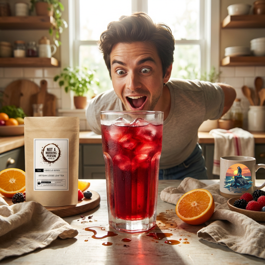 man looking super surprised at a glass of iced not a morning person coffee co hibiscus berry loose leaf tea.