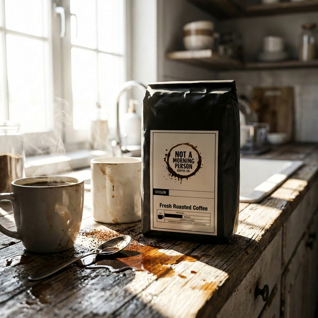 not a morning person coffee co coffee bag on countertop with spilled coffee everywhere, and grounds on coutertop.
