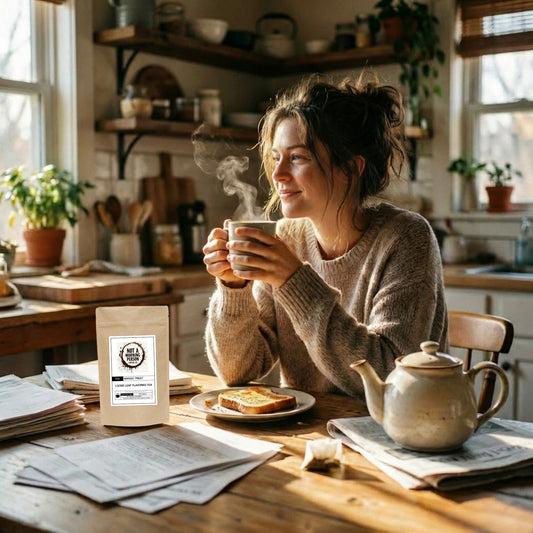 lady with a smile on her face with papers all over the table, a piece of toast on a plate, a teapot, and a bag of not a morning person coffee co mango treat loose leaf tea. 