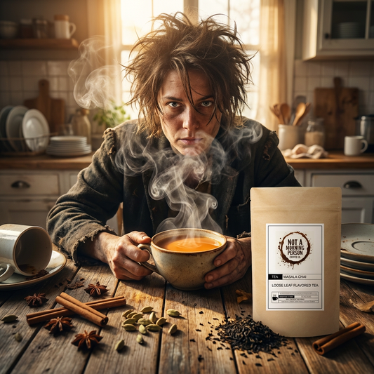 An intense looking woman with messy hair drinking a cup of not a morning person coffee co masala chai loose leaf tea with spices all over the table and a bag of tea. 
