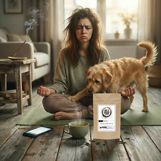 woman trying to do yoga but its not going so well with her dog trying to get into her lap, incense burning crooked, phone lighting up.  At least she can enjoy a cup of not a morning person coffee co artisan matcha loose leaf tea.