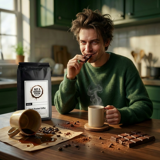 man with a evil grin on his face eating chocolate and drinking a cup of mocha.  A not a morning person coffee co coffee bag sits on a messy table with more chocolate, spilled coffee and coffee beans and coco powder.