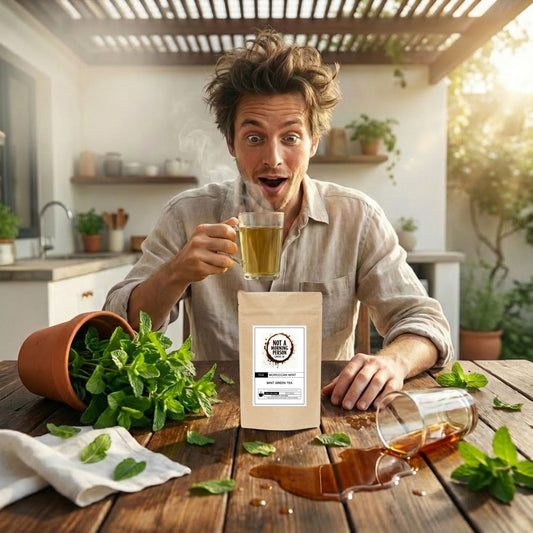 man looking pleasantly surprised at a cup of not a morning person coffee co moroccan mint loose leaf tea on a messy table with mint sprigs everywhere and a spilled glass of tea.