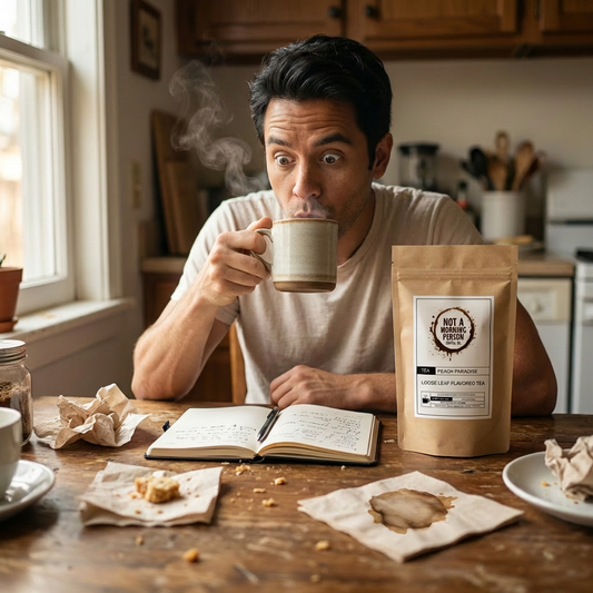 man with a surprised look on his face with a messy table that contains a not a morning person coffee co peach paradise tea bag, a notebook, stained napkin, and crumbs everywhere.