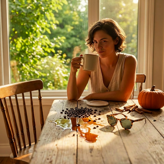woman enjoying a cup of pumpkin spice on a beautiful summer day wearing a tank top with a smirk on her face.  The table is a mess with spilled beans and coffee, a pair of sunglasses, cinnamon sticks, and a pumpkin.